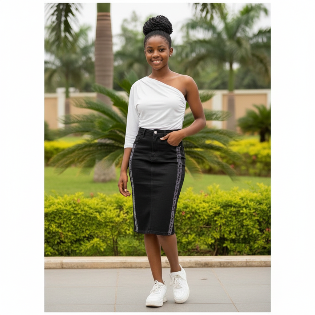 Model Shot - Black Denim Crystal Side Panel Midi Skirt