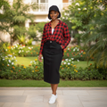 Model Shot - Black Denim High-Waist Fitted Midi Pencil Skirt