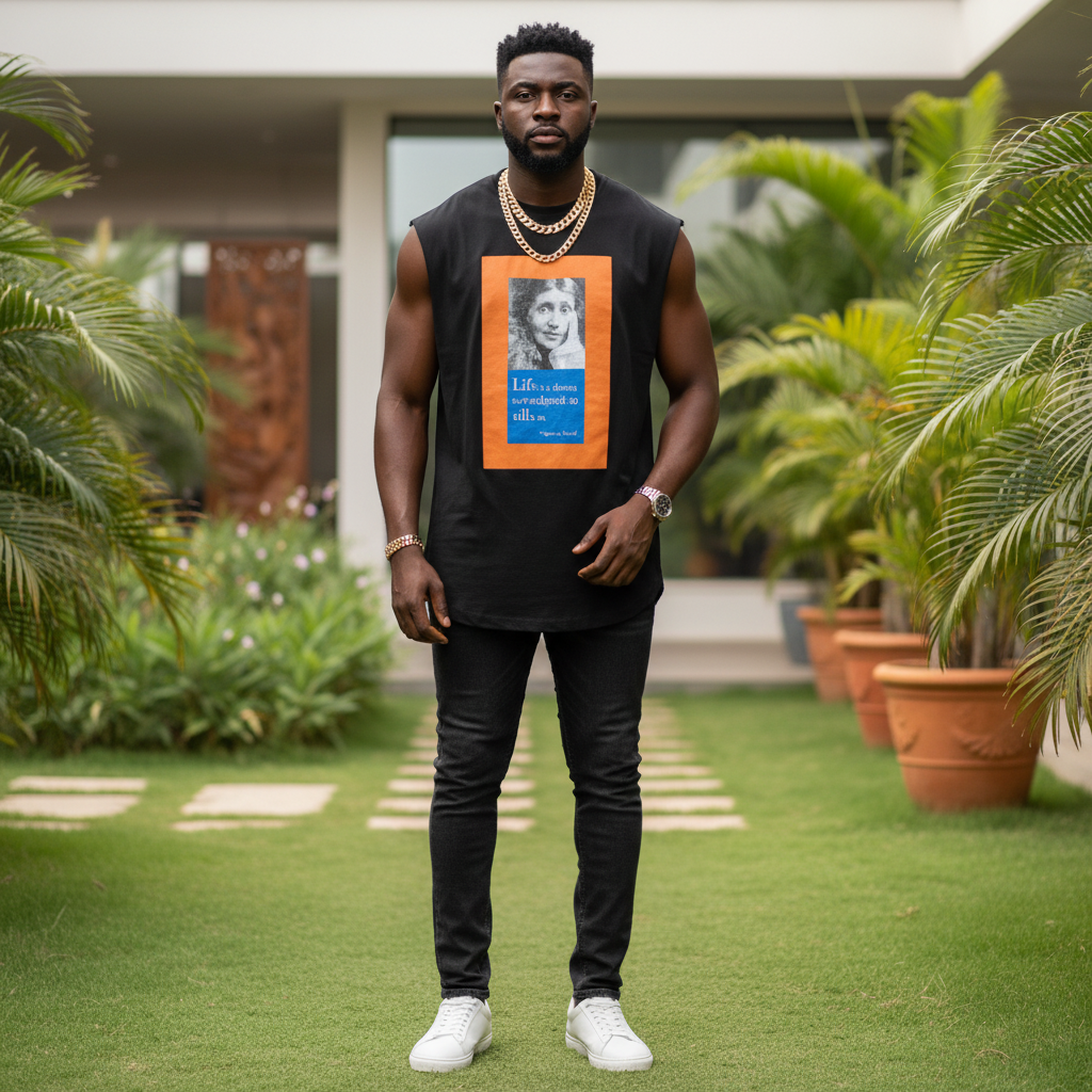 Model Shot – Black Graphic Sleeveless Vest