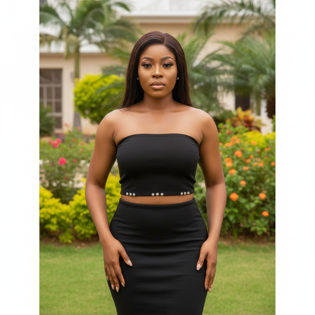 Model Shot - Black Knit Crop Tube Top with Silver Rhinestone Hem Detail