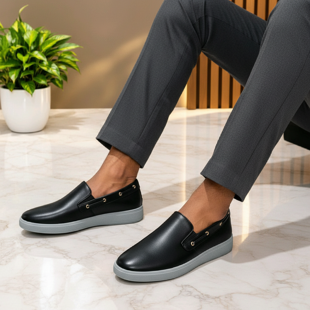 Model Shot — Black Silver Eyelet Slip-On Loafer
