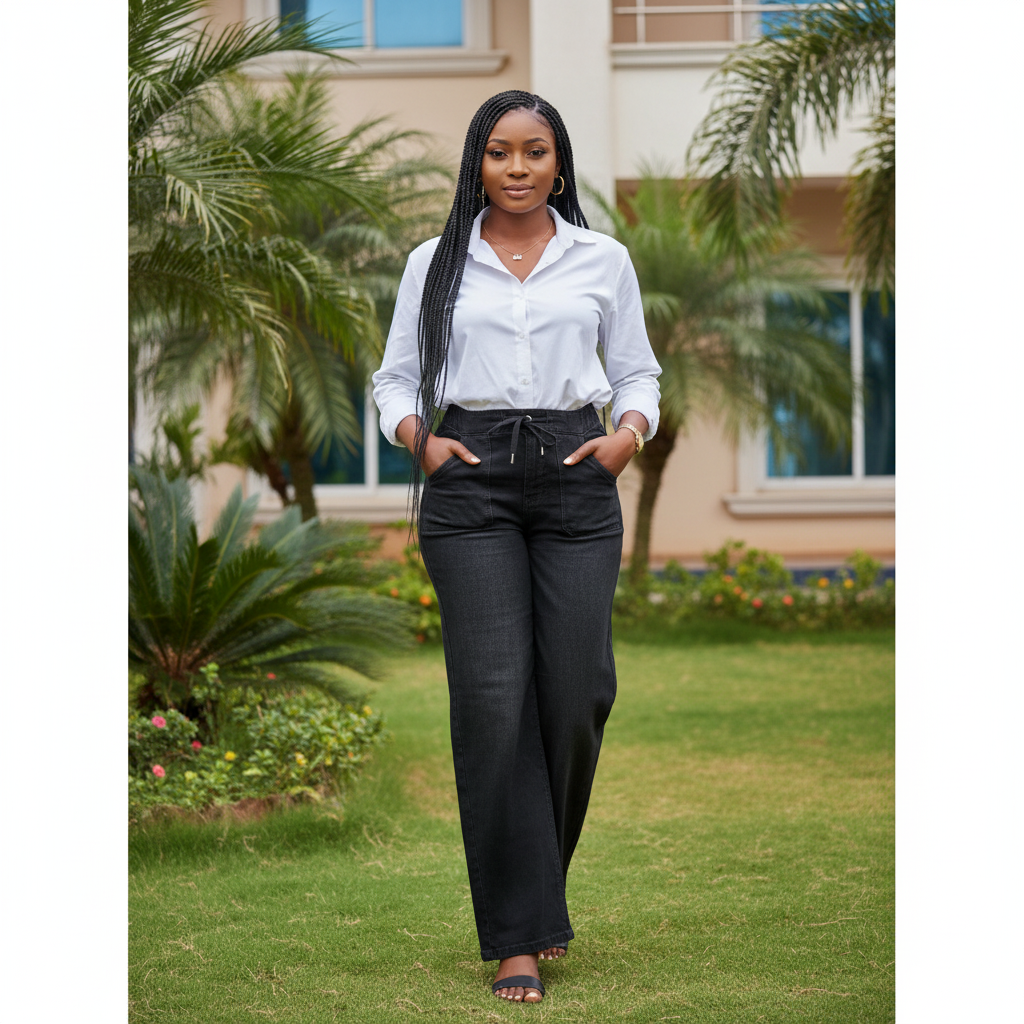 Model Shot - Black Washed Denim Wide-Leg Drawstring Trousers