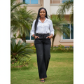 Model Shot - Black Washed Denim Wide-Leg Drawstring Trousers