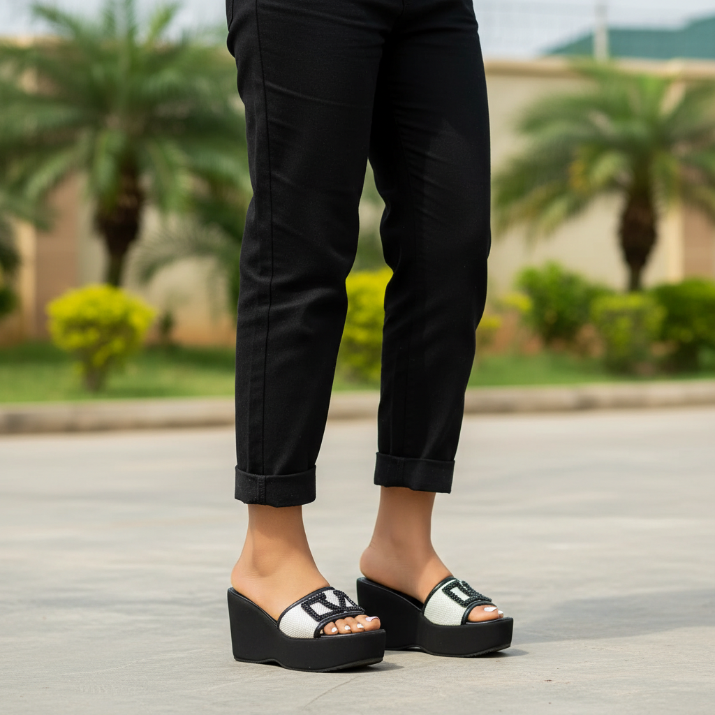 Model Shot — Black & White Backless Wedge Slide