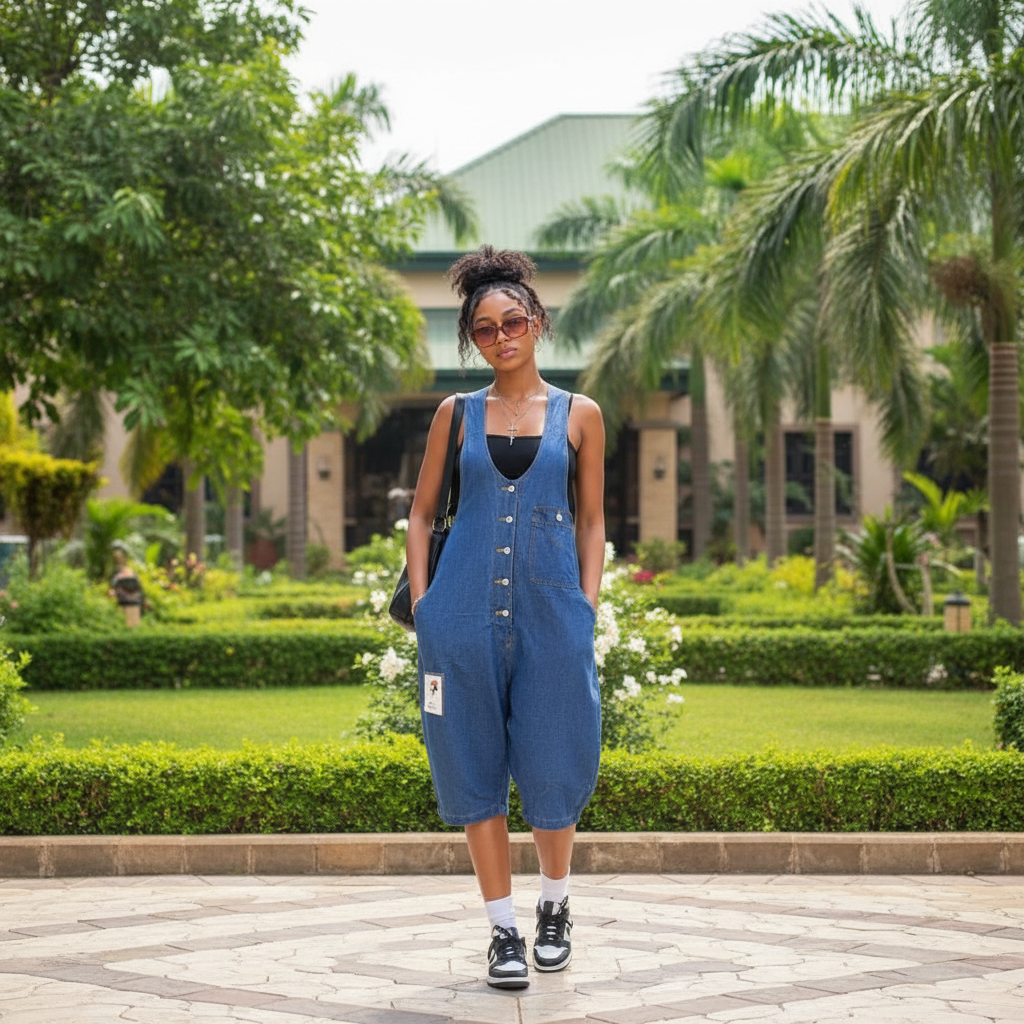 Model Shot - Blue Denim Cropped Jumpsuit
