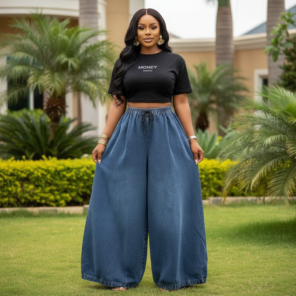 Model Shot - Blue Washed Denim Ultra Wide-Leg Balloon Parachute Trousers