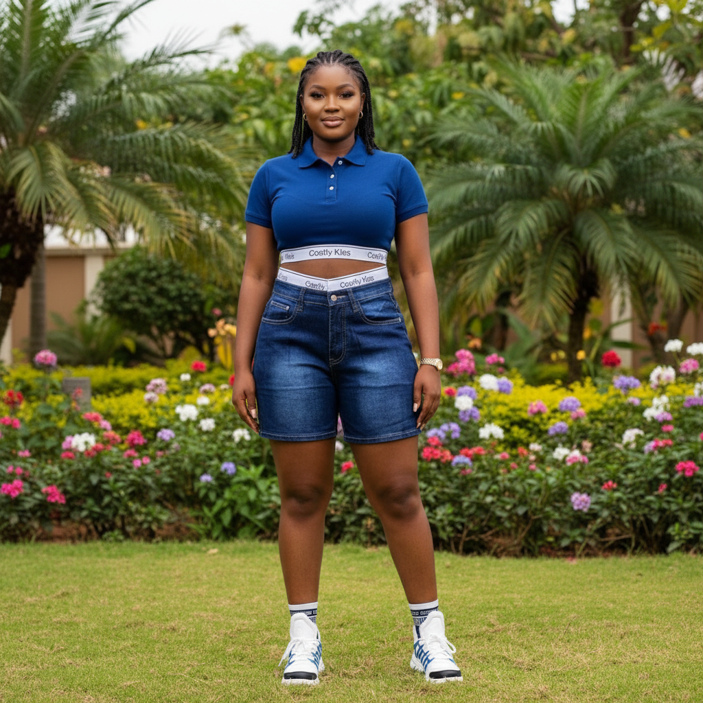 Model Shot - Dark Blue Denim High-Waist Shorts