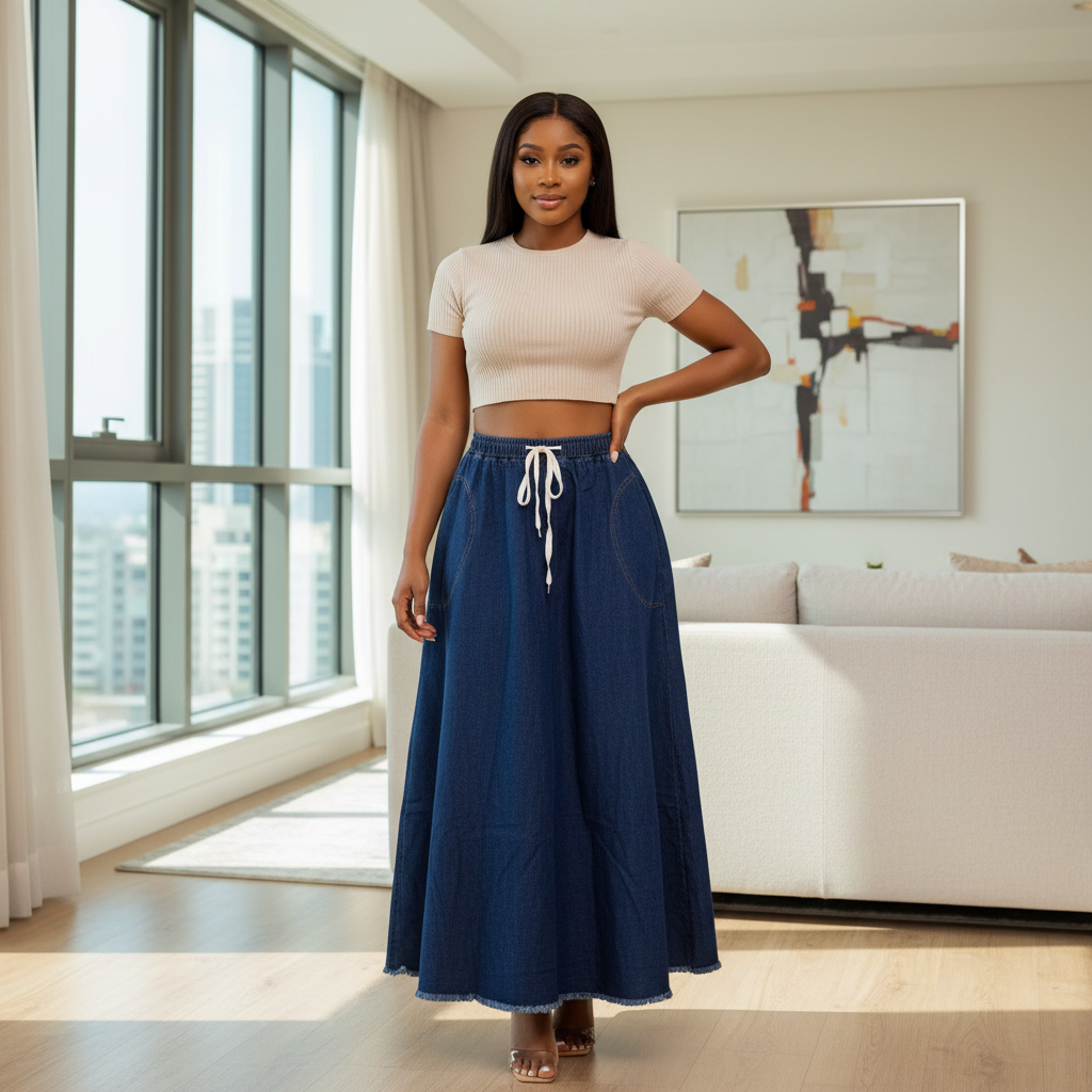 Model Shot – Dark Blue Denim Maxi Skirt