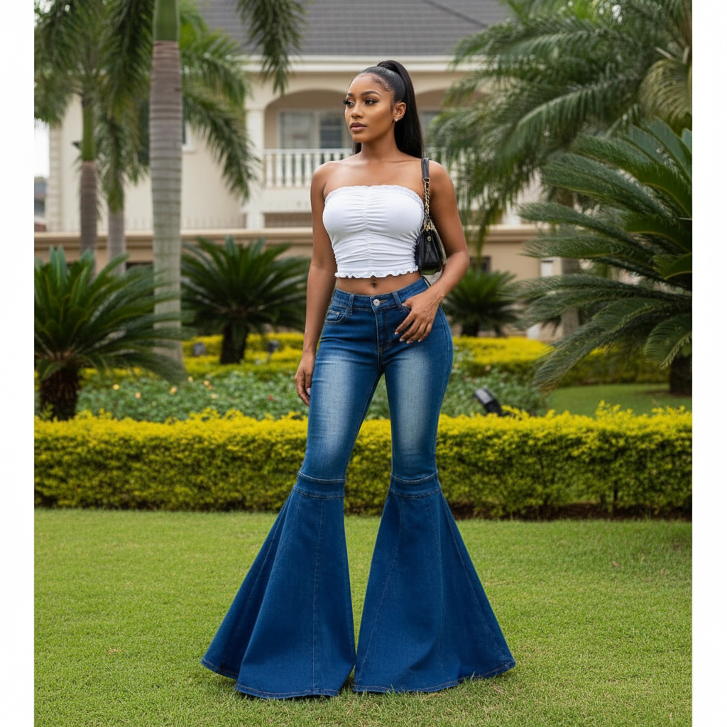 Model Shot - Dark Blue High-Waist Dramatic Bell-Bottom Flare Jeans