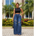 Model Shot - Dark Blue High-Waist Wide-Leg Distressed Ripped Knee Jeans