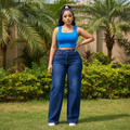 Model Shot - Dark Navy Blue High-Waist Wide-Leg Straight Denim Trousers