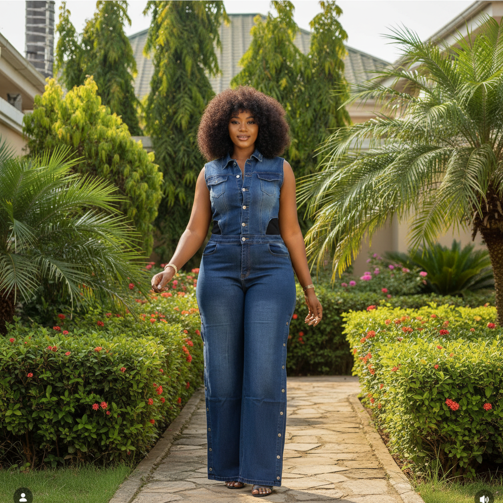 Model Shot - Dark Navy Denim Full-Length Jumpsuit