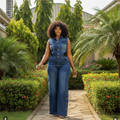 Model Shot - Dark Navy Denim Full-Length Jumpsuit