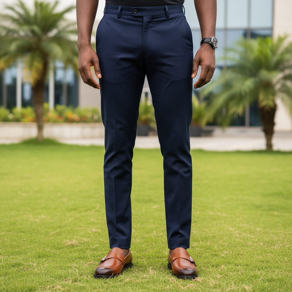 Model Shot — Dark Navy Trousers