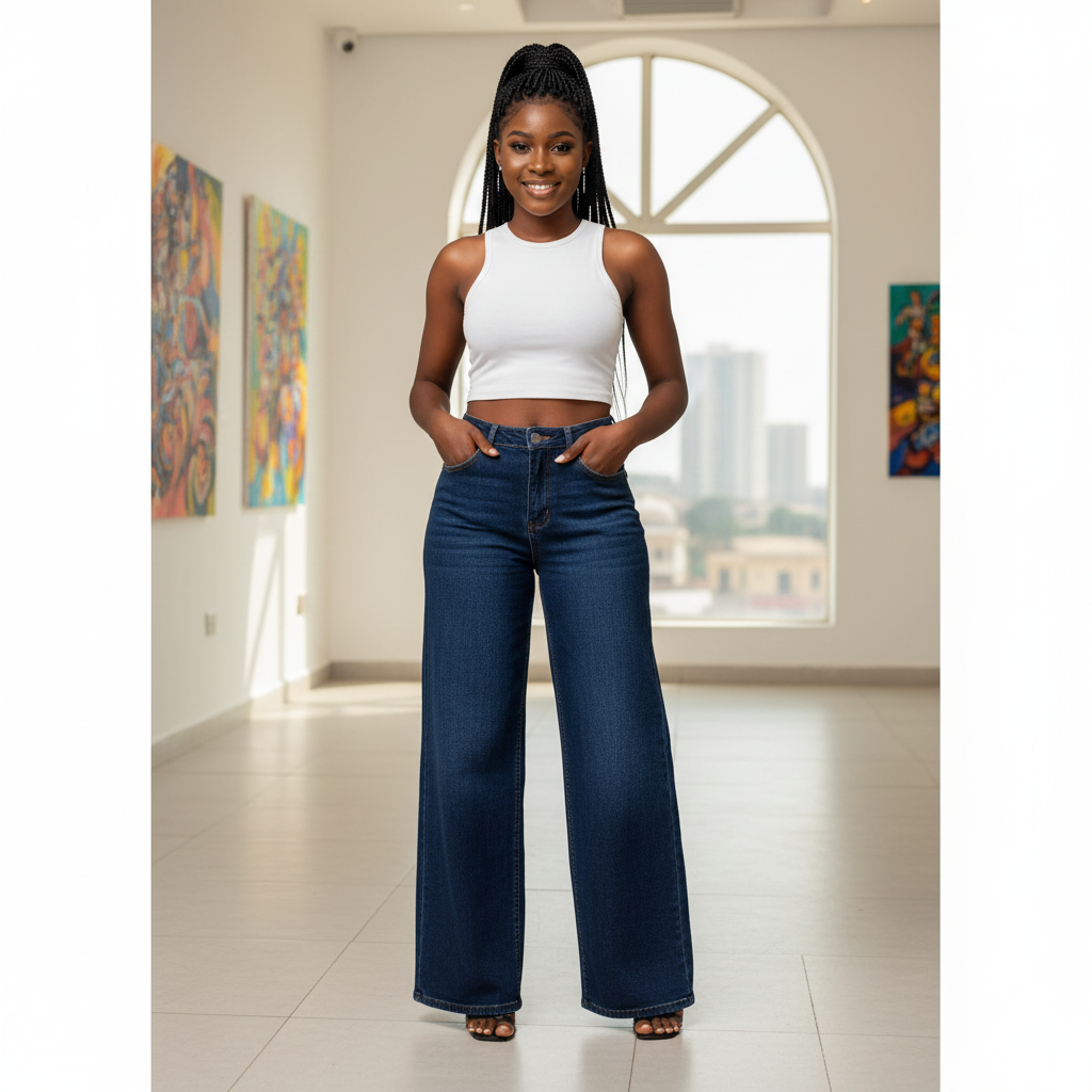 Women's High-Waist Wide-Leg Dark Navy Denim Jeans