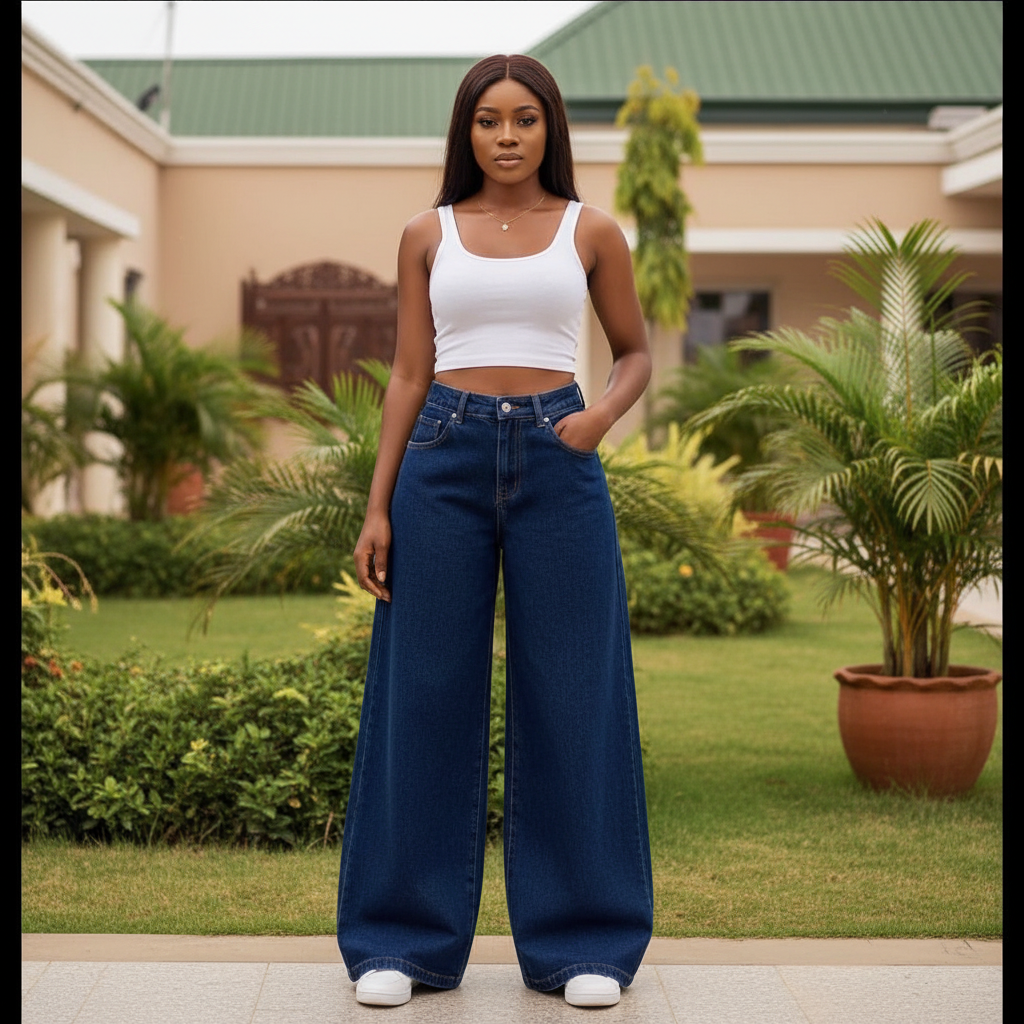 Model Shot - Deep Navy Blue High-Waist Extra Wide-Leg Palazzo Denim Trousers