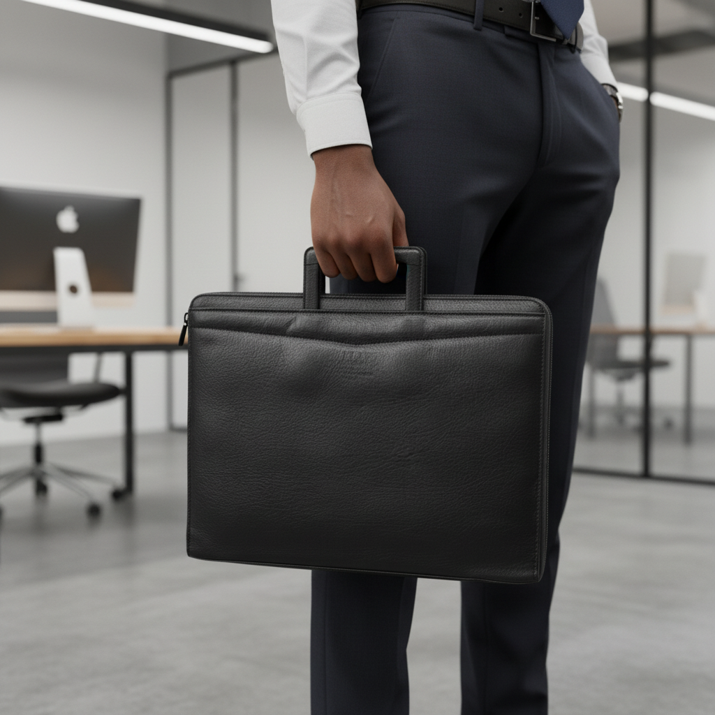 Model Shot Fix – Plain Black Leather Laptop Bag
