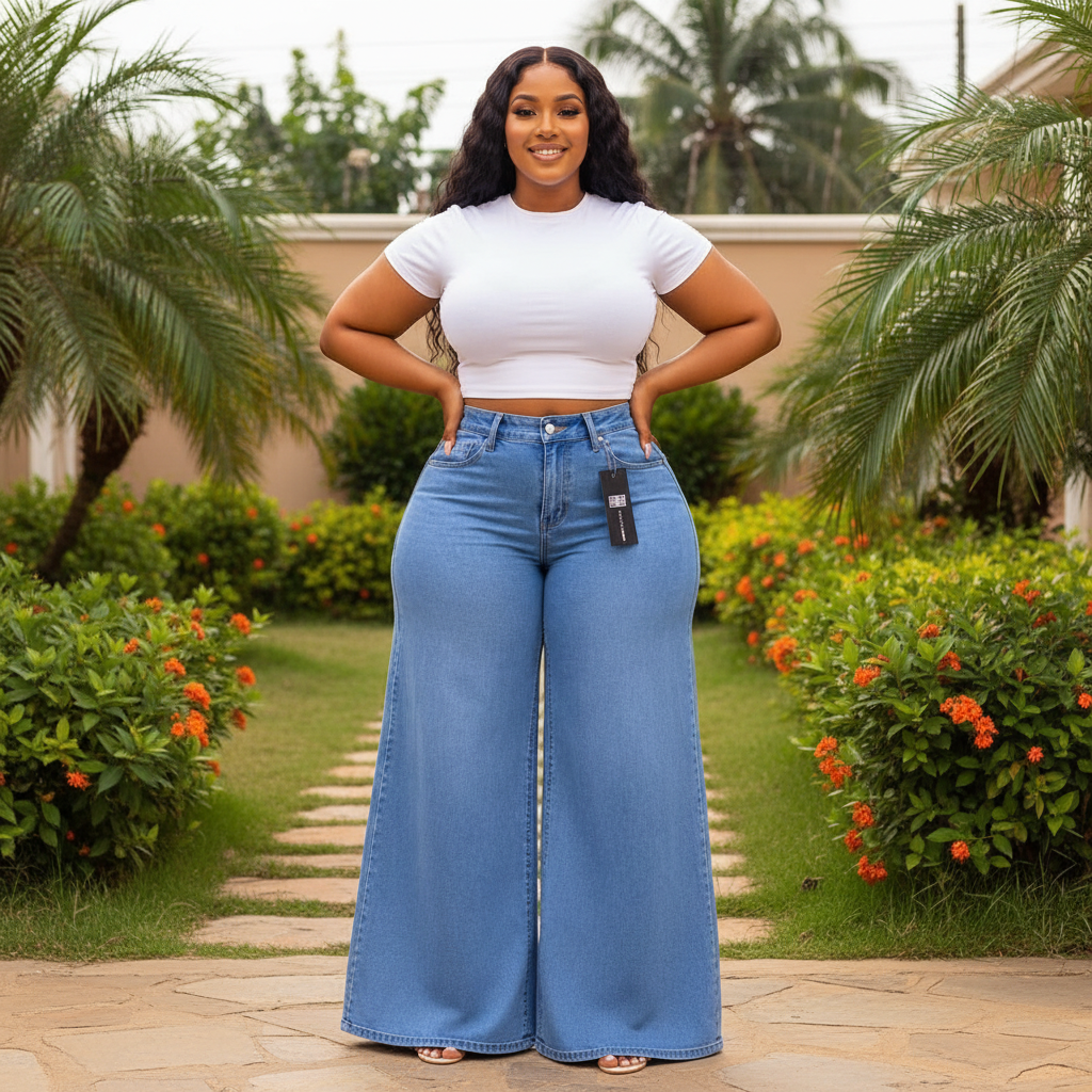 Model Shot - Light Blue High-Waist Extra Wide-Leg Palazzo Denim Trousers