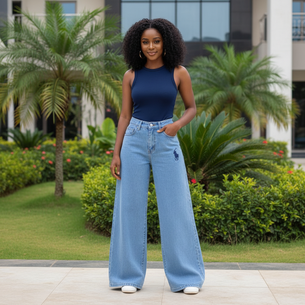 Model Shot - Light Blue High-Waist Wide-Leg Jeans with Equestrian Embroidery