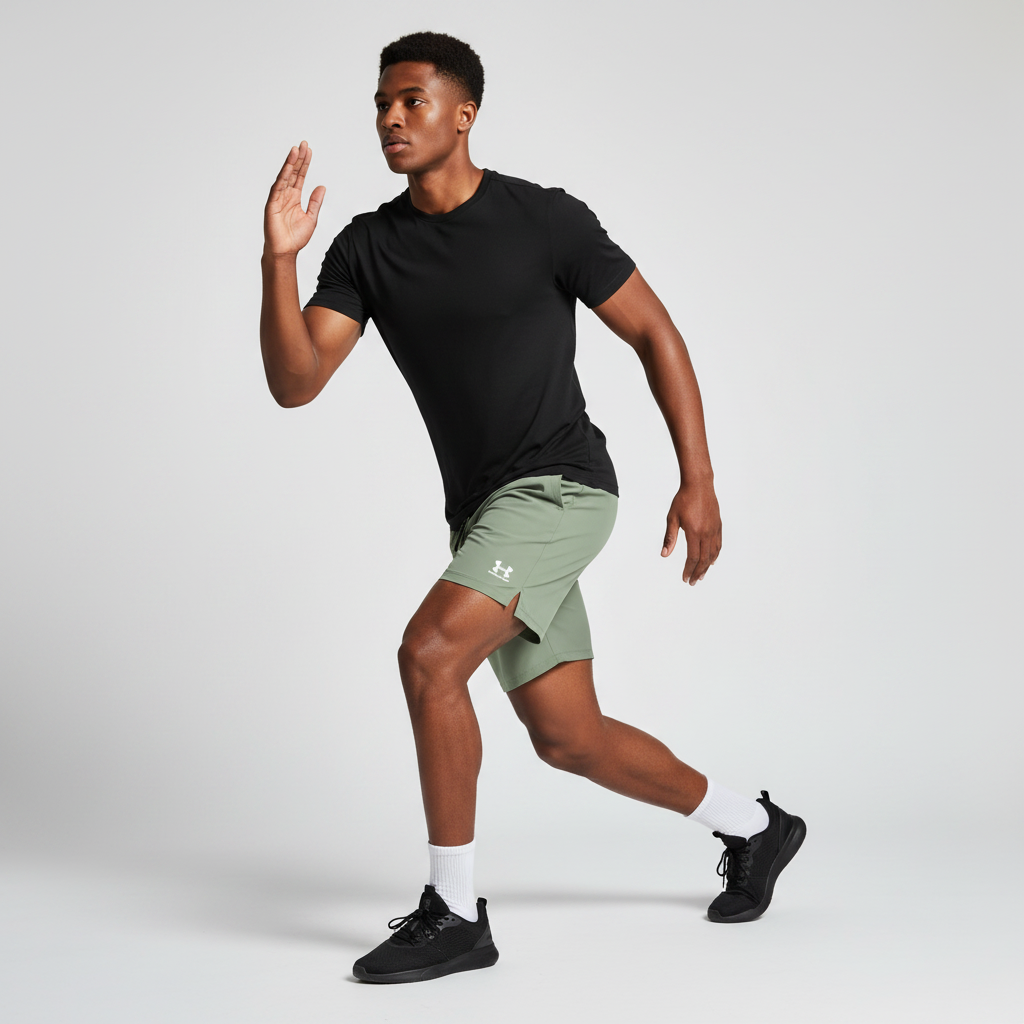 Model Shot – Light Olive Green Sports Shorts (Studio)