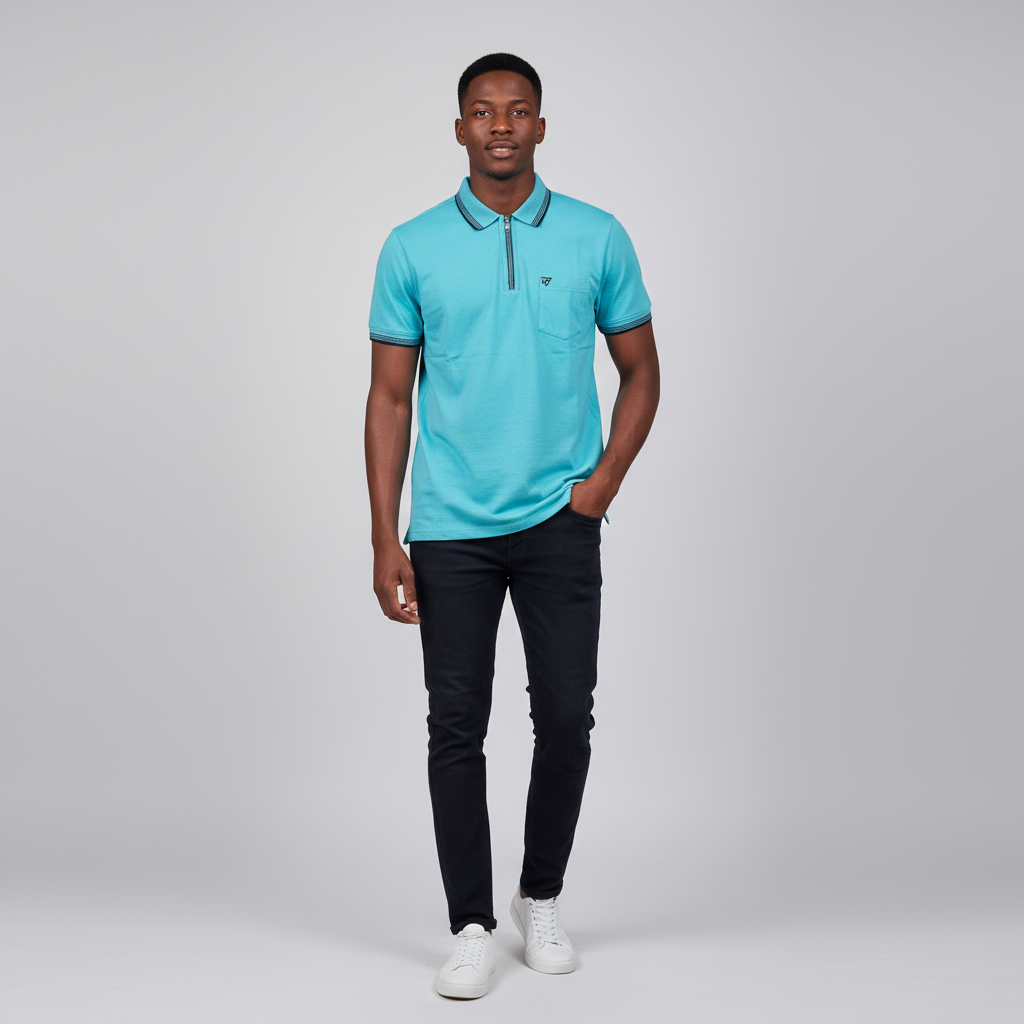 Model Shot – Men's Aqua Blue Polo Shirt with Navy Trim