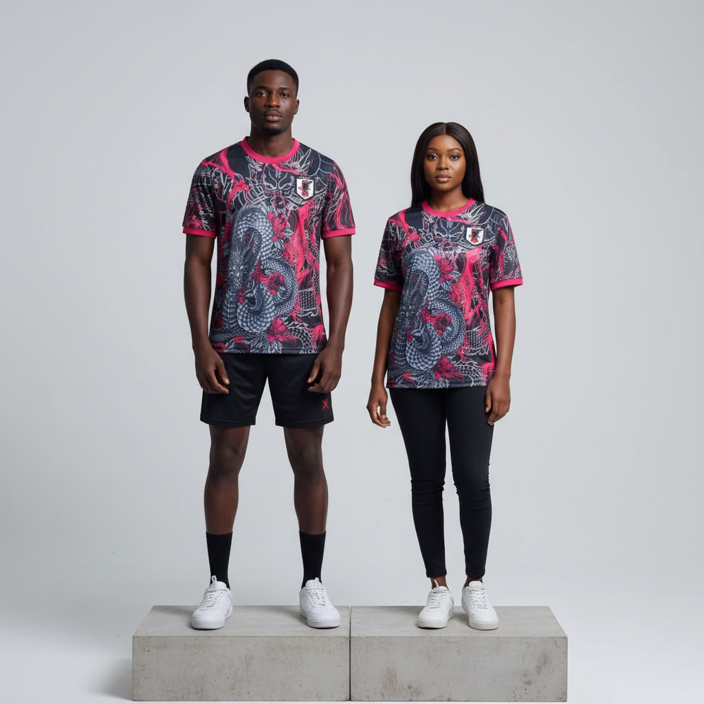 Model Shot — Men's Black Dragon & Pink Floral Tattoo Football Jersey