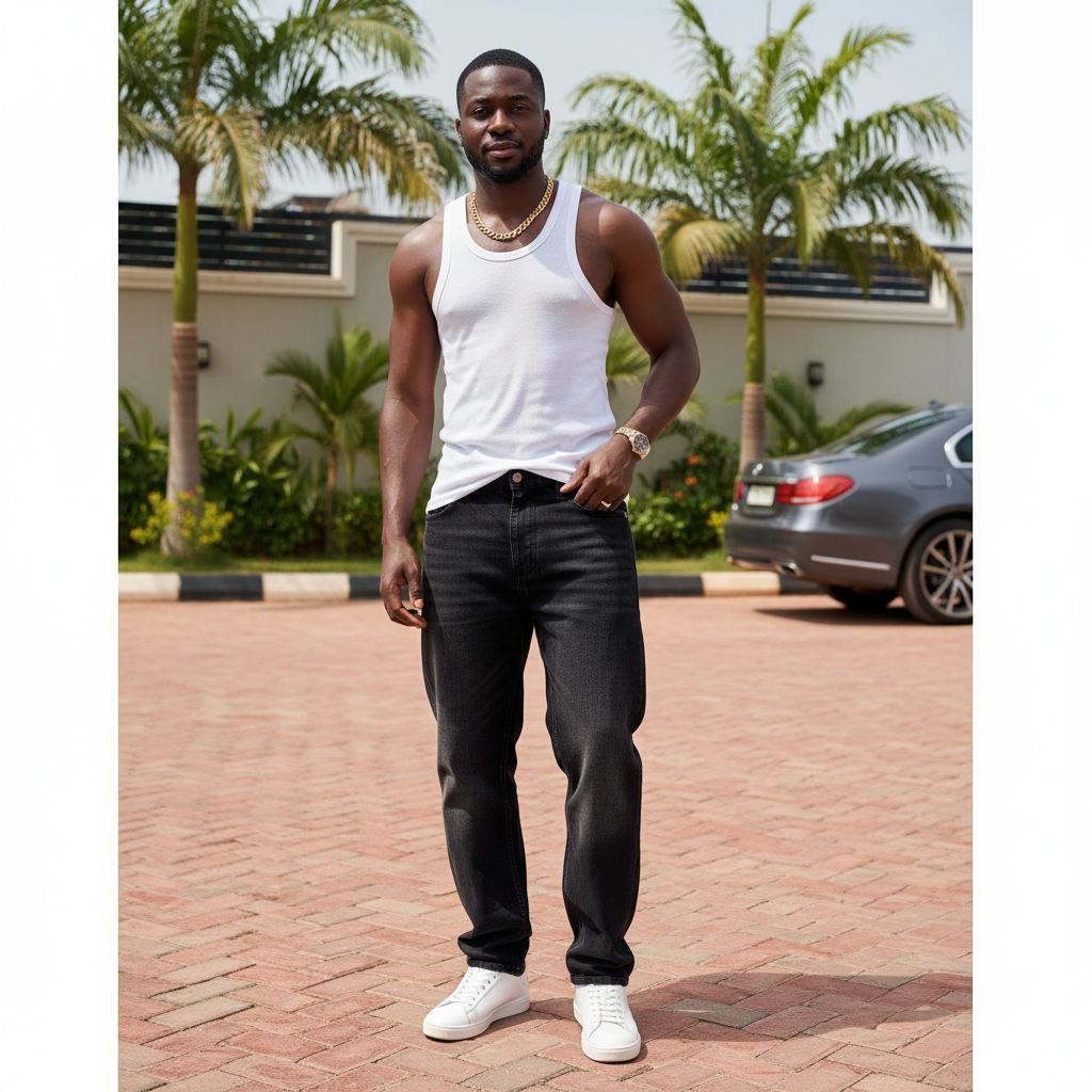 Model Shot – Men's Dark Black Washed Baggy Denim Jeans