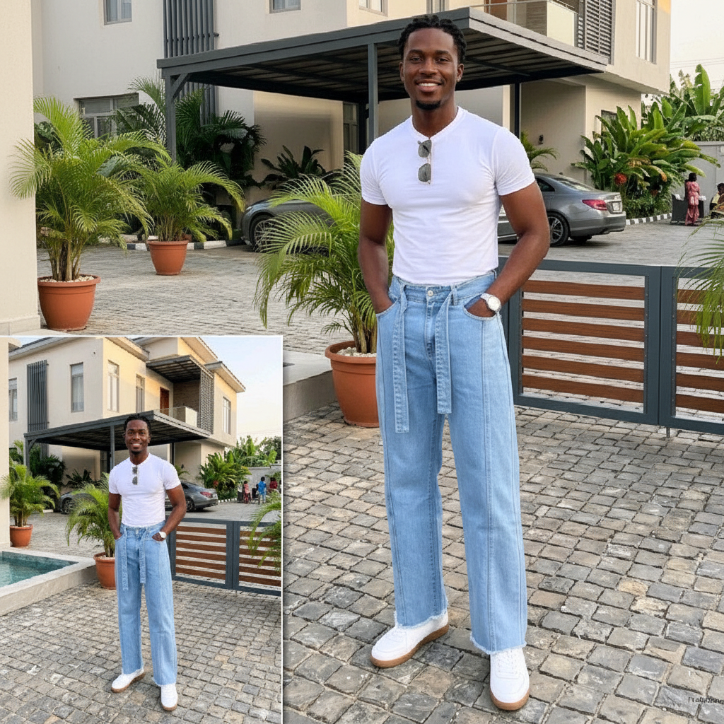 Model Shot – Men's Light Blue Baggy Tie-Waist Denim Jeans