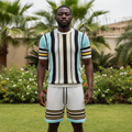 Model Shot – Men's White Teal & Black Vertical Stripe Knit Co-Ord Set