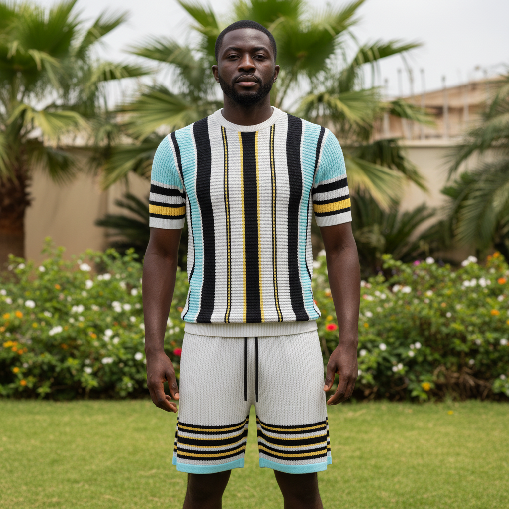 Model Shot – Men's White Teal & Black Vertical Stripe Knit Co-Ord Set