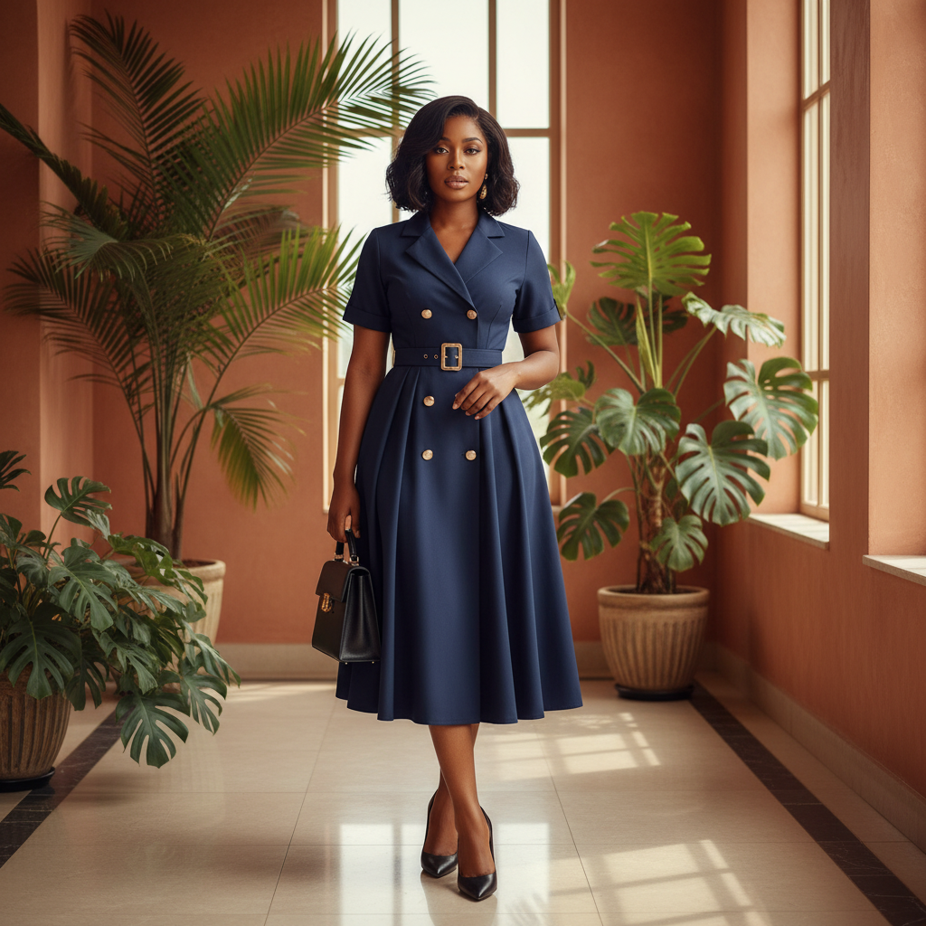 Model Shot – Navy Blue Double-Breasted Midi Dress