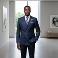 Model Shot – Navy Blue Plaid Double-Breasted Suit