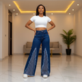 Model Shot – Navy Rhinestone Wide-Leg Jeans (Female)