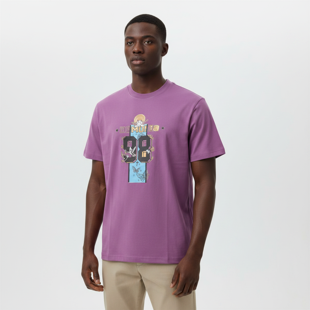 Model shot of the purple varsity tee