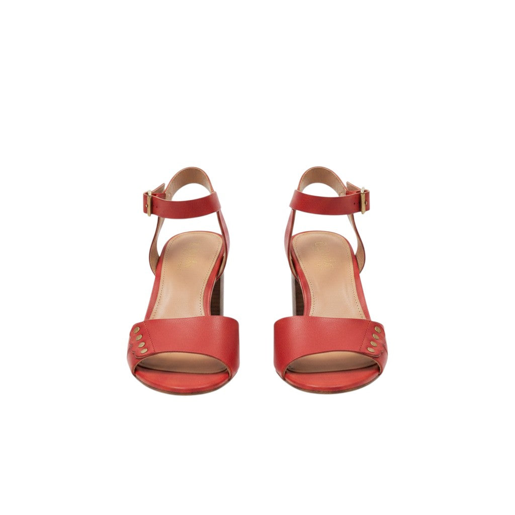 Women's Red Patent Block Heel Ankle Strap Sandal