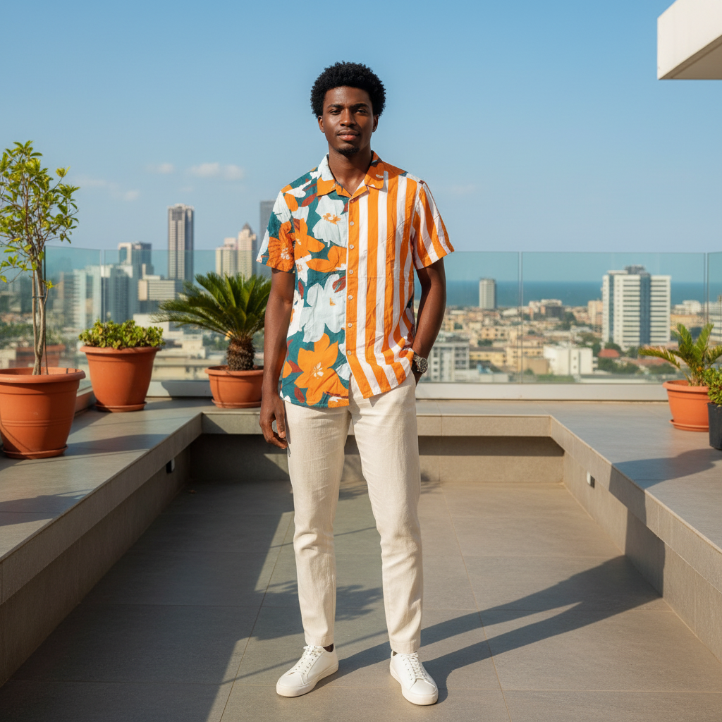 Split-Panel Floral & Stripe Short-Sleeve Shirt