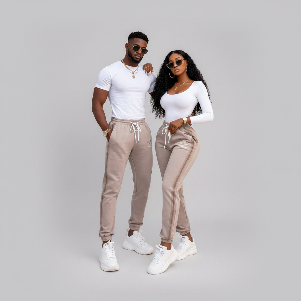 Model Shot – Unisex Beige Tapered Jogger Trousers (Couple Only)