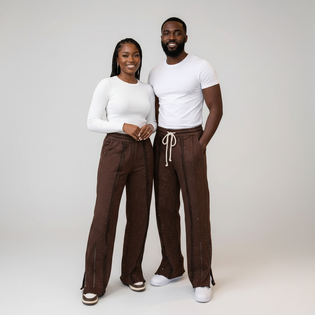 Model Shot – Unisex Brown Sparkle Wide-Leg Jogger Trousers (Couple)