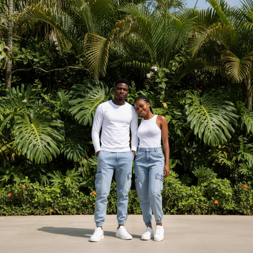 Model Shot – Unisex Light Blue Cargo Jogger Denim Jeans