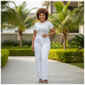 Model Shot - White Rhinestone Wide-Leg Jeans