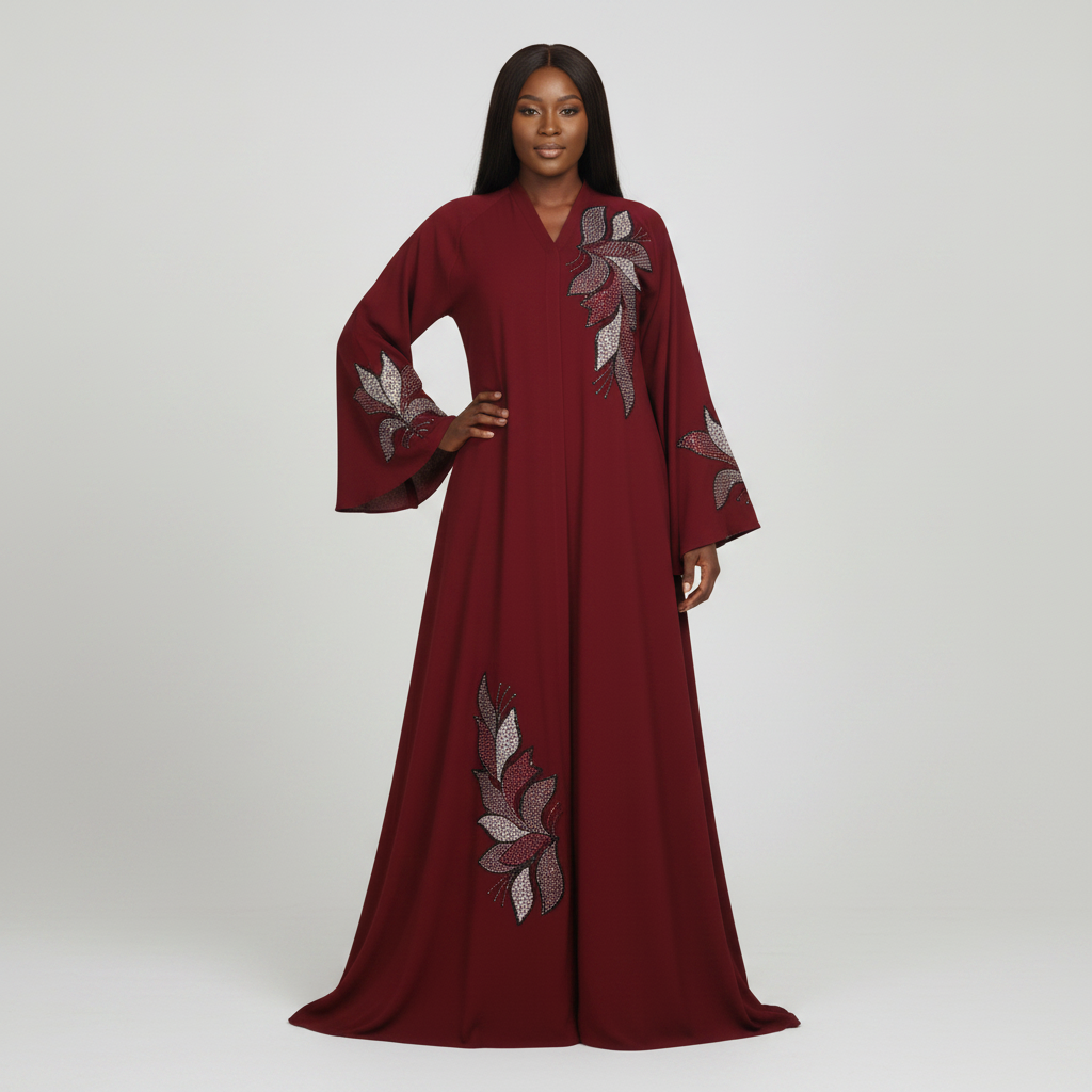 Model Shot – Wine Red Abaya Single Side Design