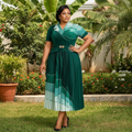 Model Shot — Women's Emerald Green Colour-Block Pleated Midi Dress
