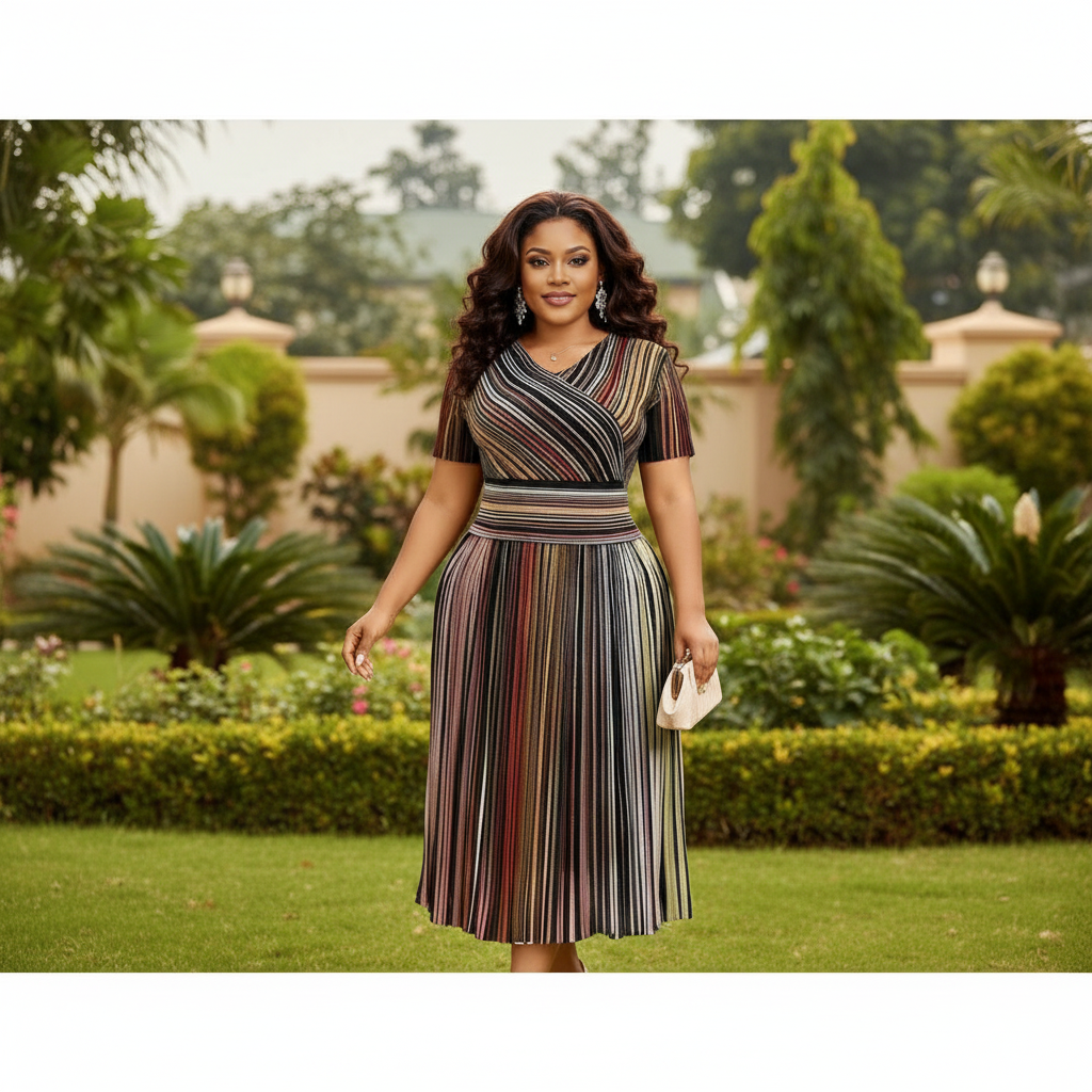 Model Shot — Women's Multicolour Striped Pleated Wrap Midi Dress