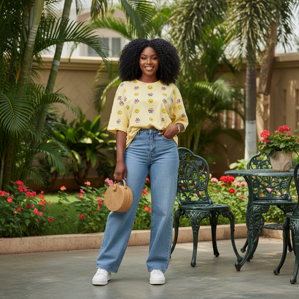 Model Shot — Yellow Smiley Print Tee