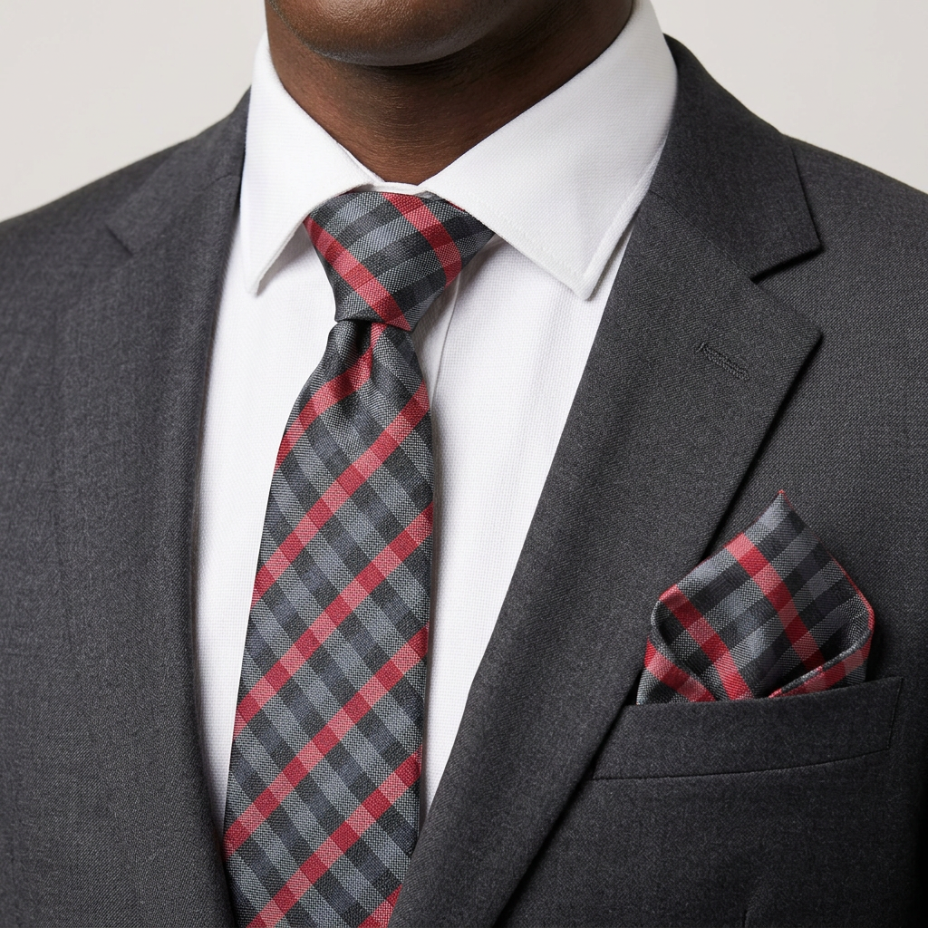Model wearing the checked tie and matching pocket square