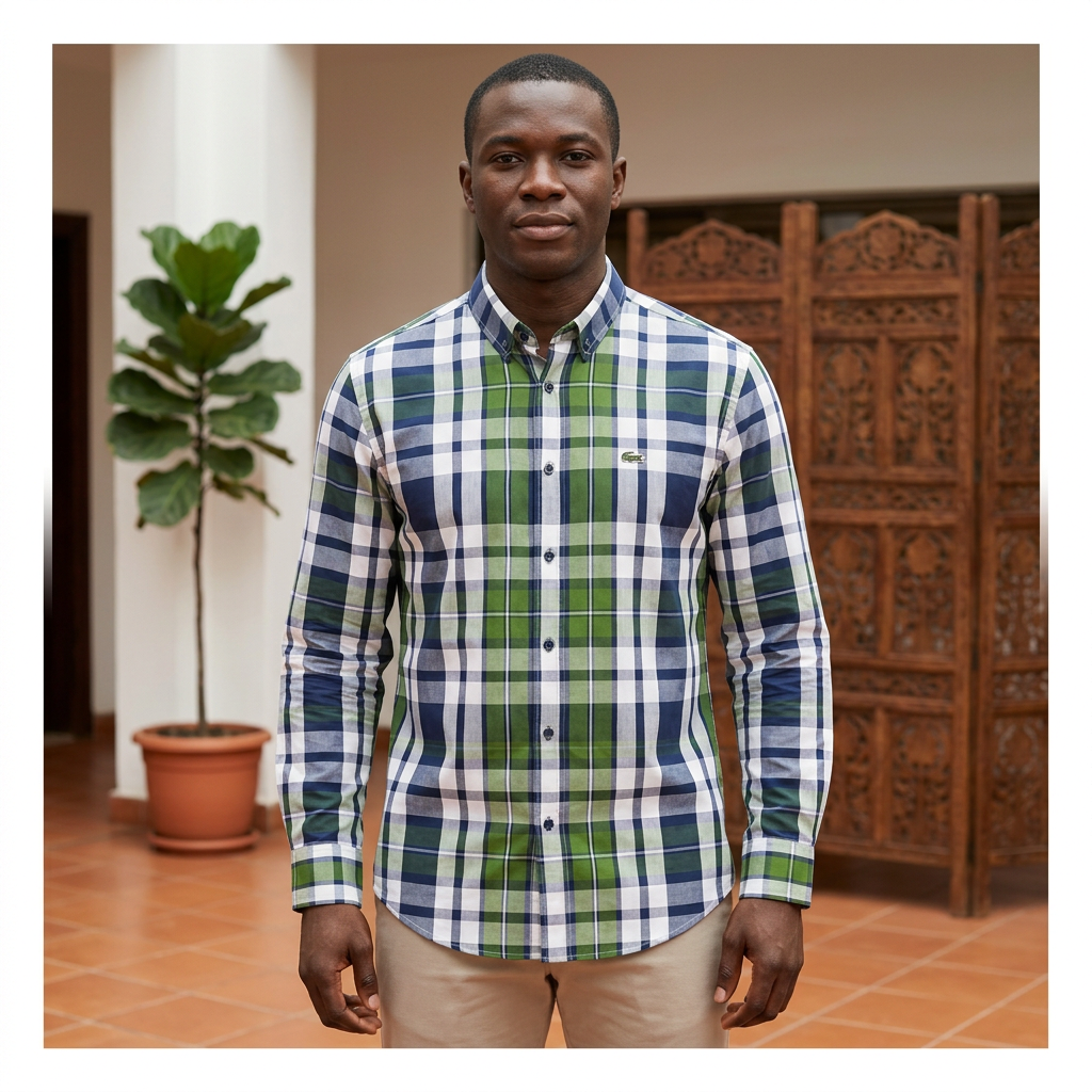 Navy and green plaid shirt model preview