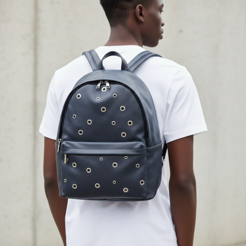 Navy Blue Grommet Backpack – Model Focus