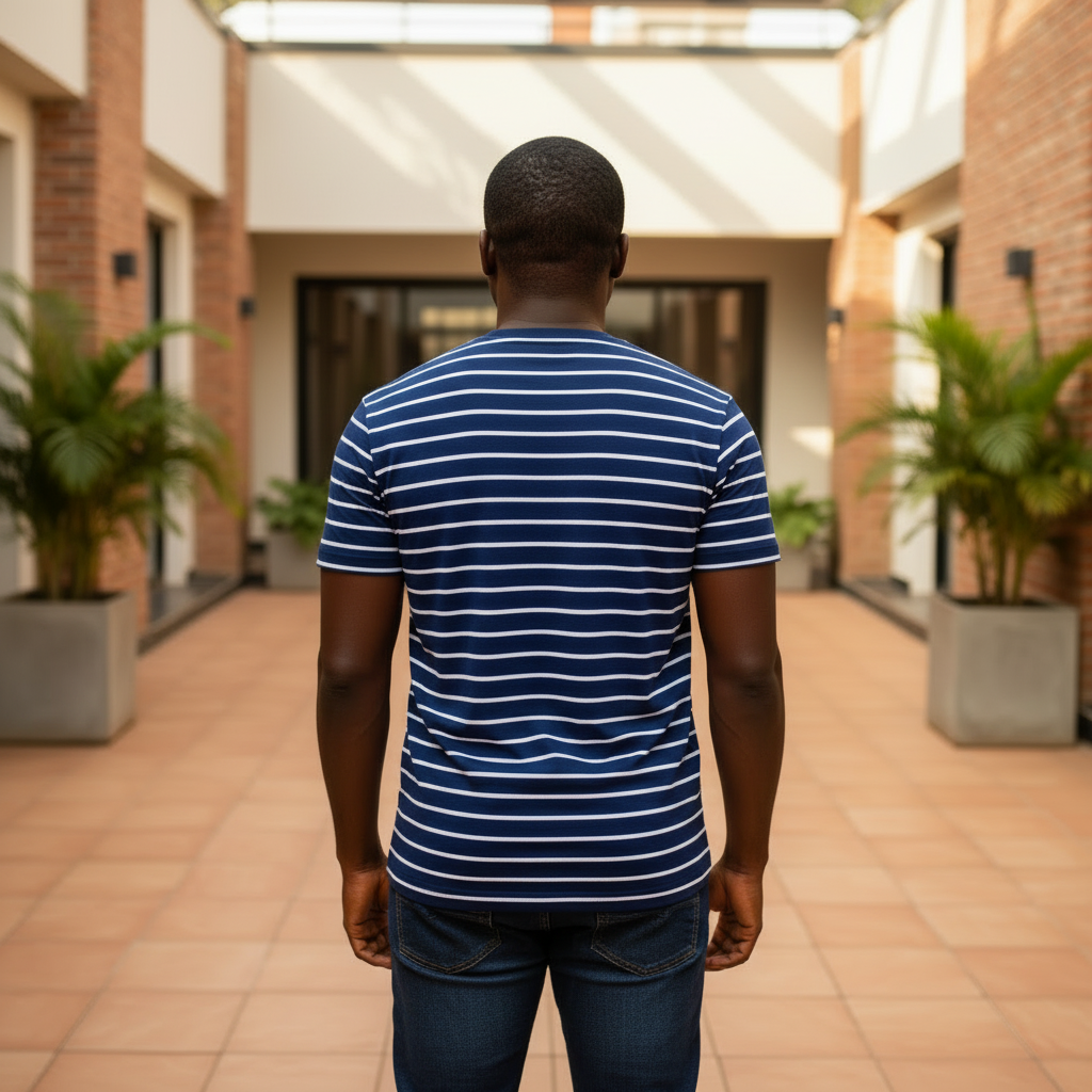 Navy Blue Horizontal Stripe Tee - Back Model