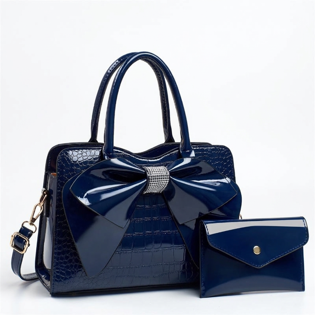 Navy bow handbag studio preview