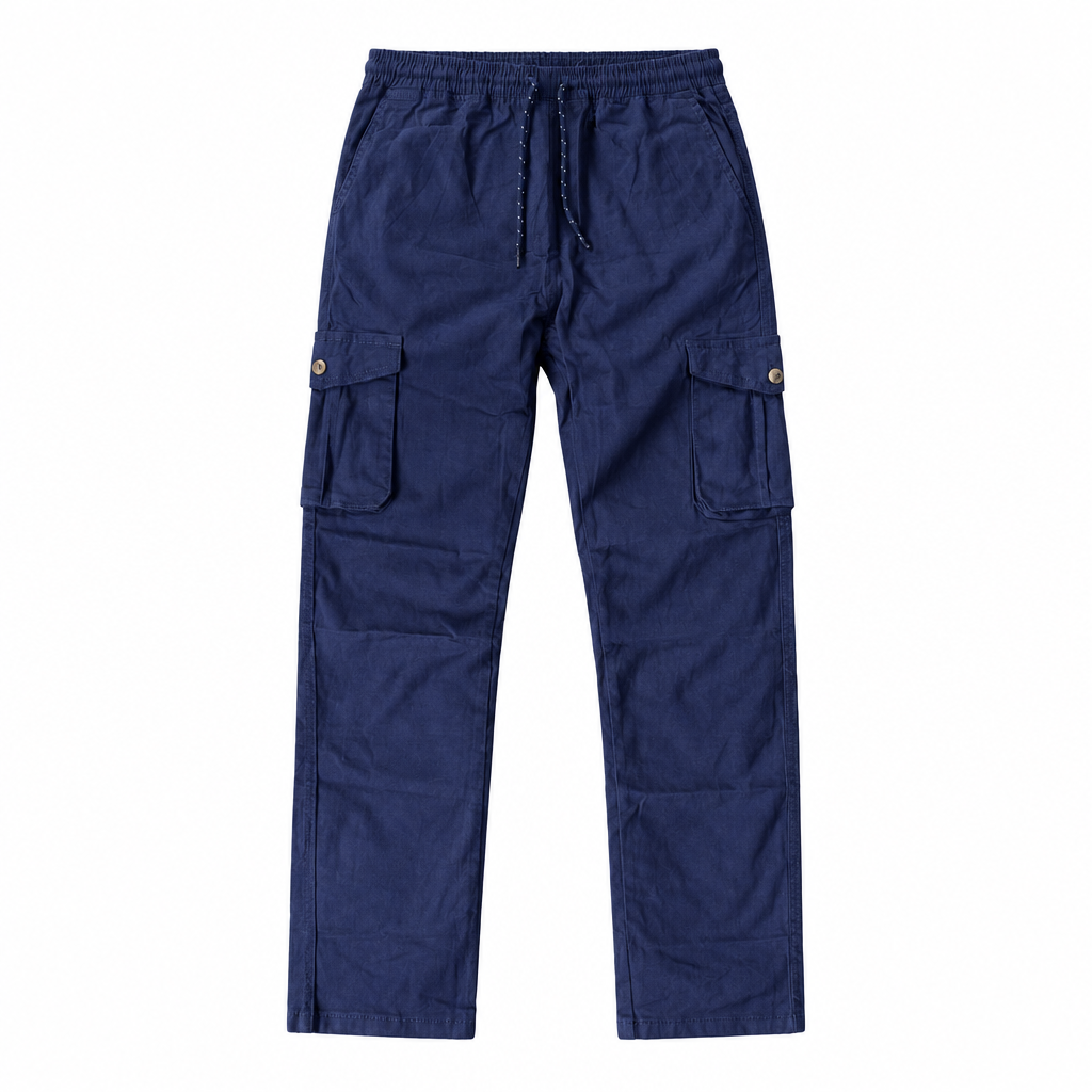 Navy cargo trousers ghost mannequin preview